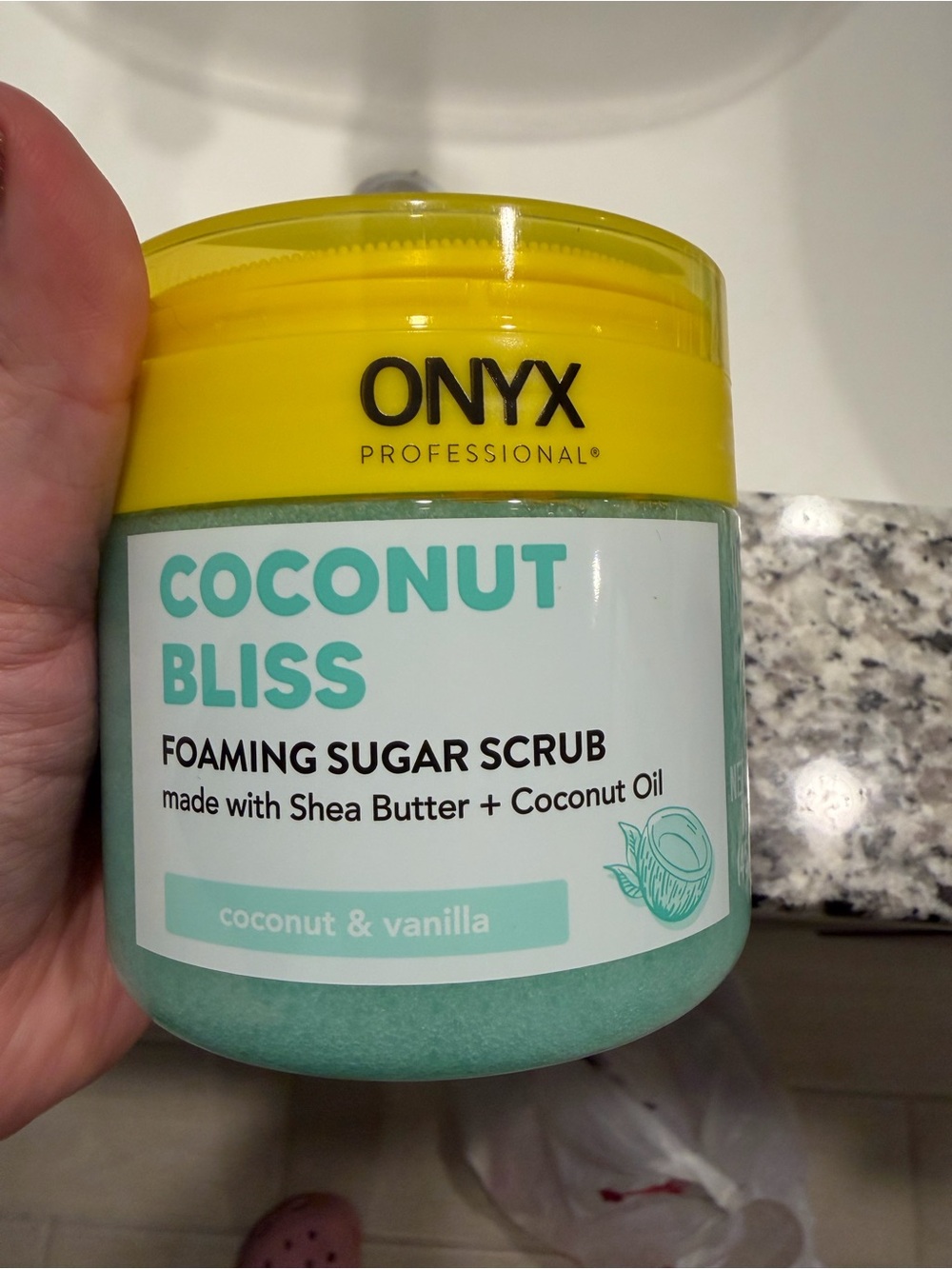 Onyx Coconut Bliss Foaming Sugar Scrub - Yellow Lid, Aqua Label